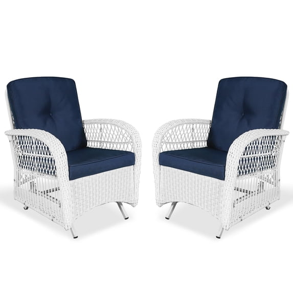 VIVIJASON 2-Piece Outdoor White Wicker Glider Rocking Chair, Patio Rattan Swing Glider Chairs with Cushions & Steel Frame, All-Weather Gliding Lawn Wicker Furniture for Garden Backyard, Navy Blue