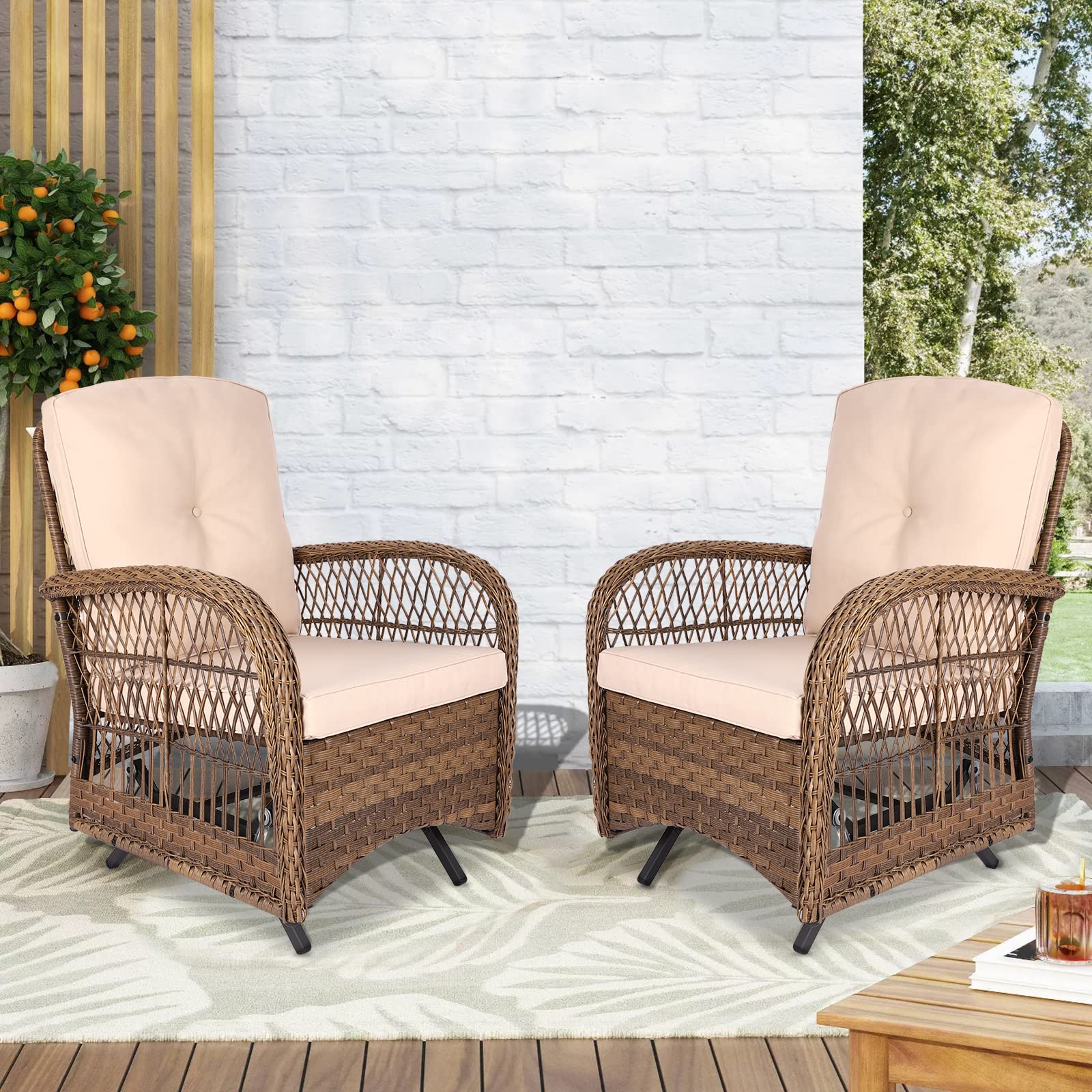 VIVIJASON 2Piece Patio Outdoor Rattan Glider Chair, Wicker Rattan