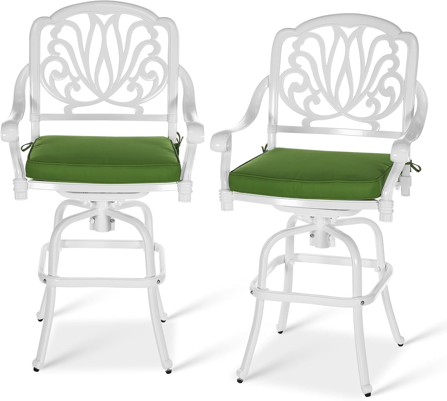 White Cast Aluminum Swivel Bar Stools with Green Cushions