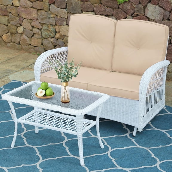 VIVIJASON 2-Piece Patio White Wicker Loveseat Glider Set Cushioned, Outdoor Conversation Furniture Sets W/ 2-Seater Glider Rocking Bench, Coffee Table and Cushions for Porch Garden Poolside, Beige