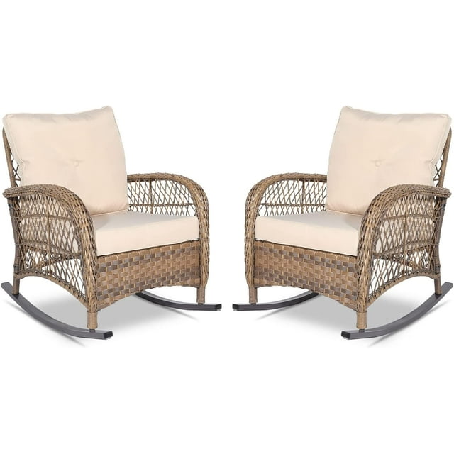 VIVIJASON 2 Piece Patio Wicker Rattan Rocker Chair, Outdoor Rattan