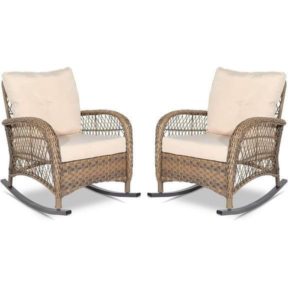 Vivijason Rattan Outdoor Adjustable Height Rocking Chair with 4 Cushions, Beige (Set of 2)