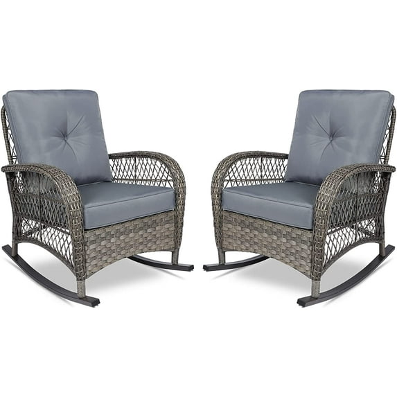 VIVIJASON Patio Wicker Rattan Rocker Chair with Cushions, Grey (2 Pieces)
