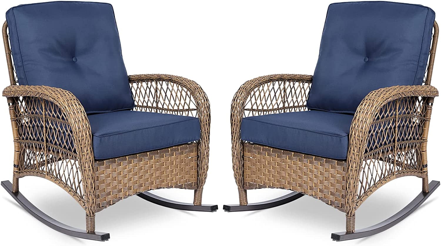 Navy Blue Cushioned Outdoor Wicker Rocking Chair Set