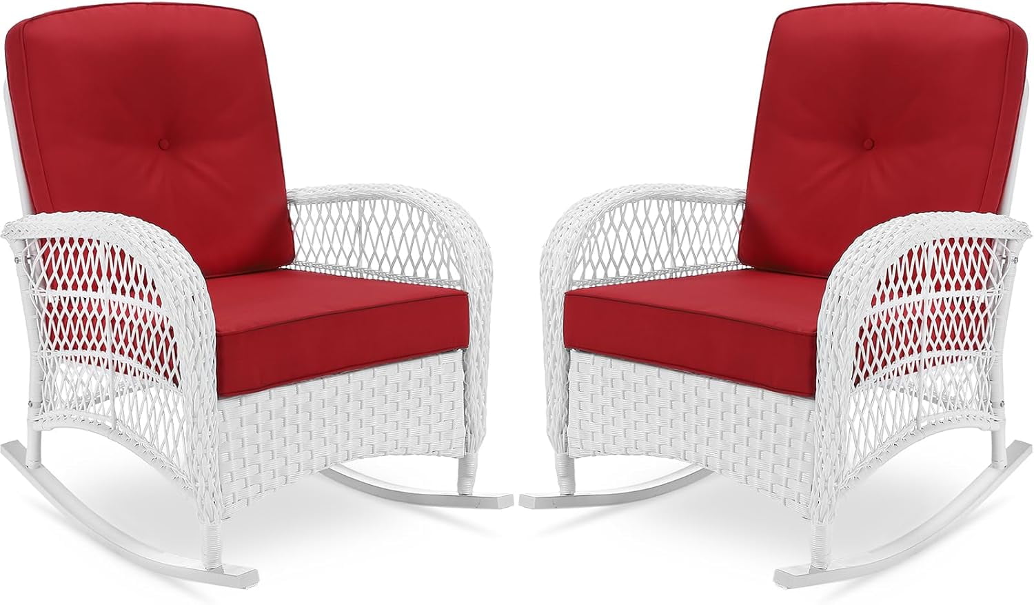 White Wicker Outdoor Rocking Chairs with Red Cushions