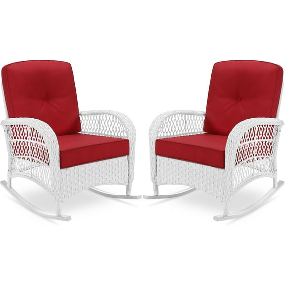 VIVIJASON 2 Piece Patio Wicker Rattan Rocker Chair, Outdoor Rattan Rocker Chair with Cushions & Steel Frame, All-Weather Rocking Lawn Wicker Furniture for Garden Backyard Porch (White Wicker/Red)