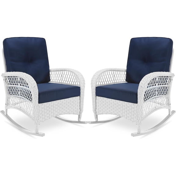 VIVIJASON 2 Piece Patio Wicker Rattan Rocker Chair, Outdoor Rattan Rocker Chair with Cushions & Steel Frame, All-Weather Rocking Lawn Wicker Furniture for Garden Backyard Porch (White/Navy Blue)