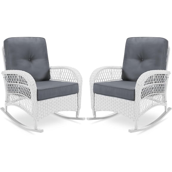 VIVIJASON 2 Piece Patio Wicker Rattan Rocker Chair, Outdoor Rattan Rocker Chair with Cushions & Steel Frame, All-Weather Rocking Lawn Wicker Furniture for Garden Backyard Porch (White Wicker/Grey)
