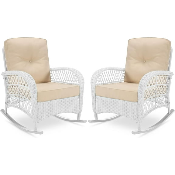 VIVIJASON 2 Piece Patio Wicker Rattan Rocker Chair, Outdoor Rattan Rocker Chair with Cushions & Steel Frame, All-Weather Rocking Lawn Wicker Furniture for Garden Backyard Porch (White Wicker/Beige)