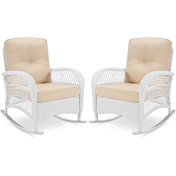 VIVIJASON 2 Piece Patio Wicker Rattan Rocker Chair, Outdoor Rattan Rocker Chair with Cushions & Steel Frame, All-Weather Rocking Lawn Wicker Furniture for Garden Backyard Porch (White Wicker/Beige)