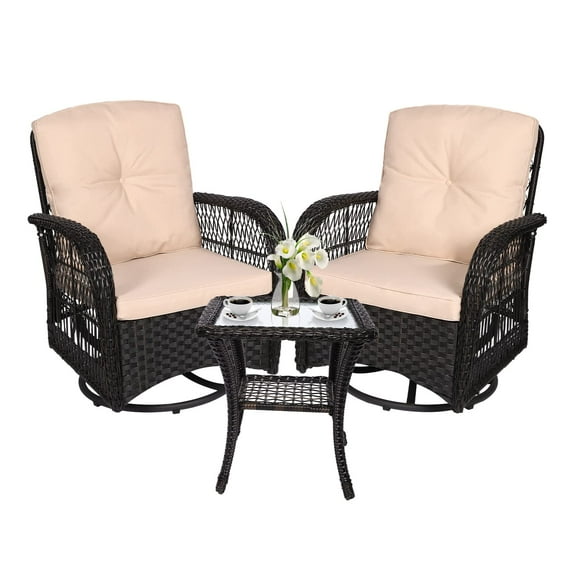 VIVIJASON 3 Pcs Wicker & Steel Outdoor Bistro Sets with Rocking Chairs and Table, Dark Brown/Beige