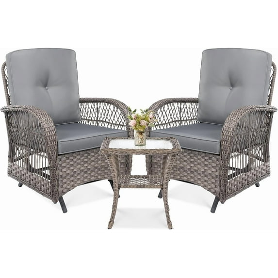 VIVIJASON 3-Piece Outdoor Conversation Bistro Set, Patio Glider Rocking Chairs Rattan Furniture Sets w/ 2 Rattan Cushioned Chairs and Glass Top Side Table for Porch Backyard, Grey