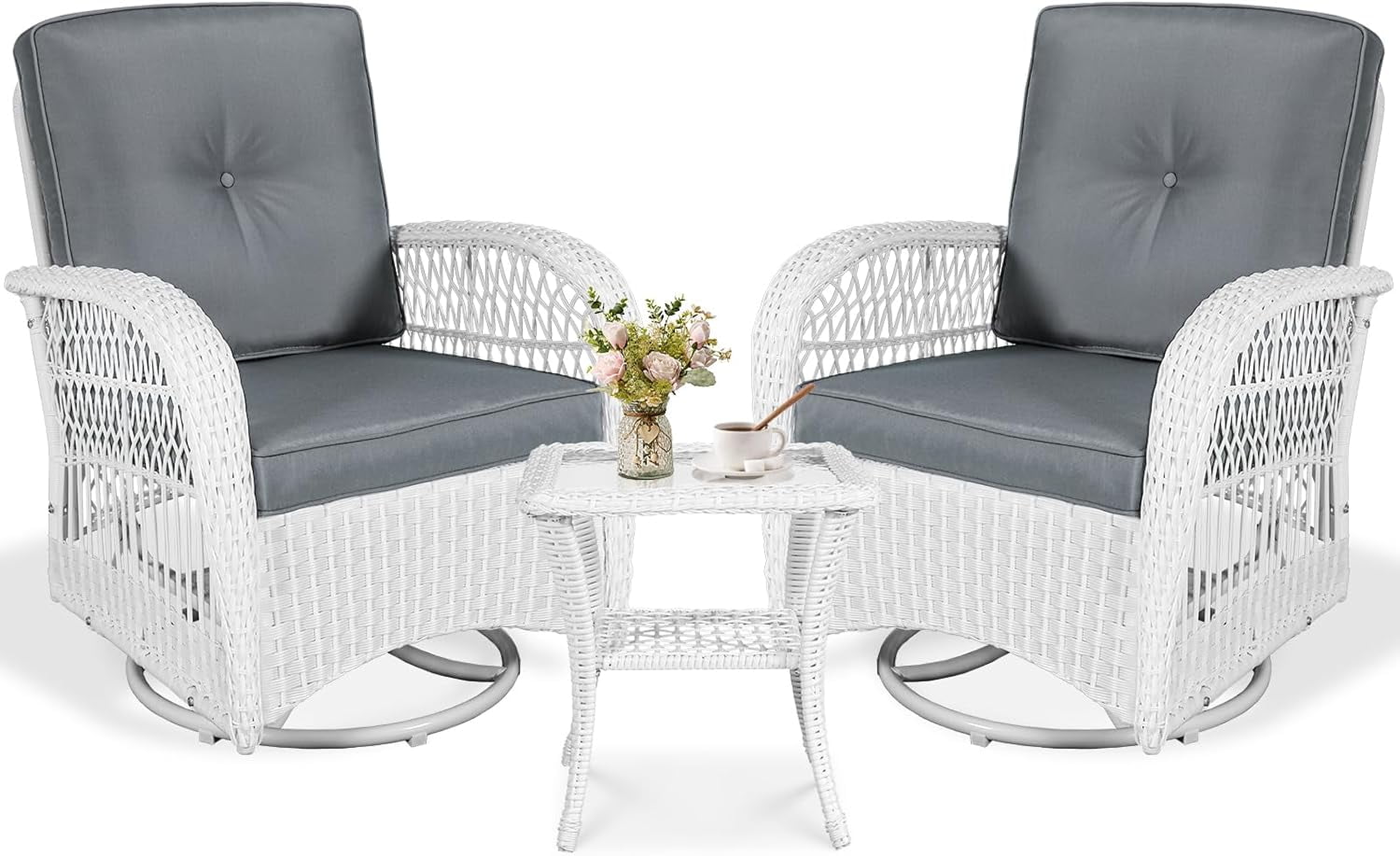 VIVIJASON 3-Piece Outdoor Conversation Bistro Set, Patio Swivel Glider Rocking Chairs Rattan Furniture Sets w/ 2 White Rattan Chairs, Glass Top Side Table for Porch Backyard, Grey Cushions
