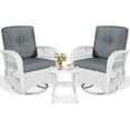 thumbnail image 1 of VIVIJASON 3-Piece Outdoor Conversation Bistro Set, Patio Swivel Glider Rocking Chairs Rattan Furniture Sets w/ 2 White Rattan Chairs, Glass Top Side Table for Porch Backyard, Grey Cushions, 1 of 8