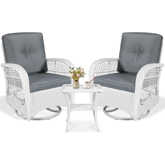 VIVIJASON 3-Piece Outdoor Conversation Bistro Set, Patio Swivel Glider Rocking Chairs Rattan Furniture Sets w/ 2 White Rattan Chairs, Glass Top Side Table for Porch Backyard, Grey Cushions