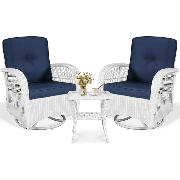 VIVIJASON 3-Piece Outdoor Conversation Bistro Set, Patio Swivel Glider Rocking Chairs Rattan Furniture Sets w/ 2 White Rattan Chairs, Glass Top Side Table for Porch Backyard, Navy Blue Cushions