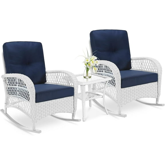 VIVIJASON 3-Piece Outdoor Conversation Bistro Set, Patio Wicker Rocking Chairs Rattan Furniture Sets w/ 2 Rattan Chairs, Cushions, Glass Top Side Table for Garden Porch Backyard (White/Navy Blue)
