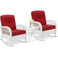 thumbnail image 1 of VIVIJASON 3-Piece Outdoor Conversation Bistro Set, Patio Wicker Rocking Chairs Rattan Furniture Sets w/ 2 Rattan Chairs, Cushions, Glass Top Side Table for Garden Porch Backyard (White Wicker/Red), 1 of 7
