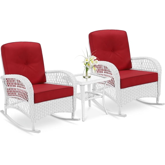 VIVIJASON 3-Piece Outdoor Conversation Bistro Set, Patio Wicker Rocking Chairs Rattan Furniture Sets w/ 2 Rattan Chairs, Cushions, Glass Top Side Table for Garden Porch Backyard (White Wicker/Red)