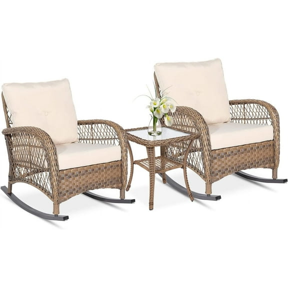 VIVIJASON 3-Piece Outdoor Conversation Bistro Set, Patio Wicker Rocking Chairs Rattan Furniture Sets w/ 2 Rattan Chairs, Cushions, Glass Top Side Table for Garden Porch Backyard