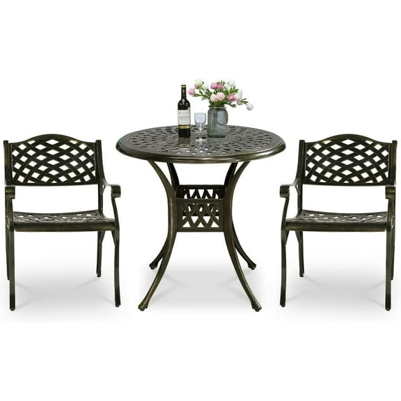 VIVIJASON 3-Piece Outdoor Patio Furniture Dining Set, All-Weather Cast Aluminum Bistro Table Set, Include 2 Chairs and 30.8" Round Table w/Umbrella Hole for Balcony, Lawn, Garden, Backyard