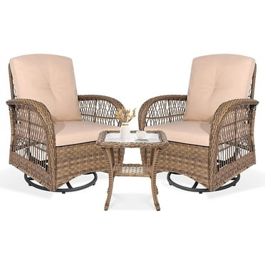 VIVIJASON 3-Piece Outdoor Patio Swivel Glider Rocking Chairs Rattan Furniture Sets, Light Brown