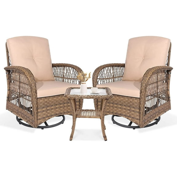 VIVIJASON 3-Piece Outdoor Patio Swivel Glider Rocking Chairs Rattan Furniture Sets, Light Brown