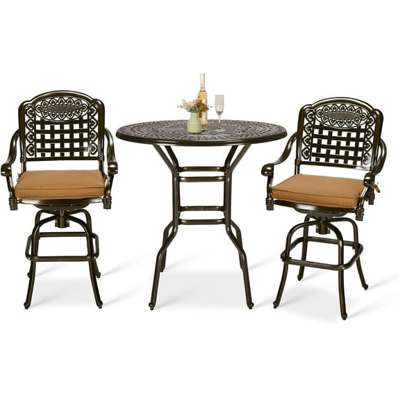 VIVIJASON 3-Piece Outdoor Swivel Bar Stools Set, All Weather Cast Aluminum Patio Bar Height Bistro Set with 2 Cushioned Bar Chairs & 38.3" High Bar Table w/Umbrella Hole for Backyard, Lawn, Garden