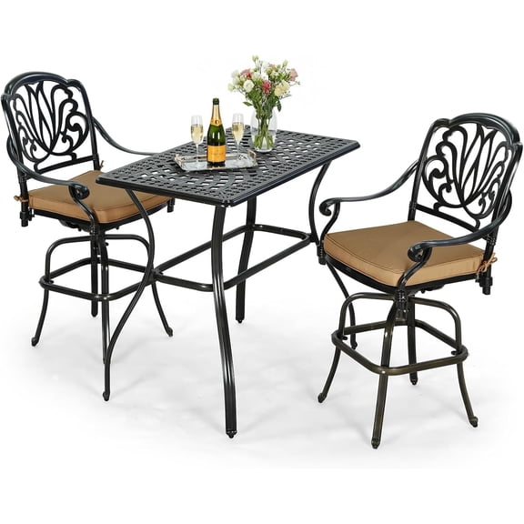 VIVIJASON 3-Piece Outdoor Swivel Bar Stools Set, All Weather Cast Aluminum Patio Bar Height Bistro Set with 2 Cushioned Bar Chairs & 42" x 24" Rectangular High Bar Table for Deck, Garden & Poolside