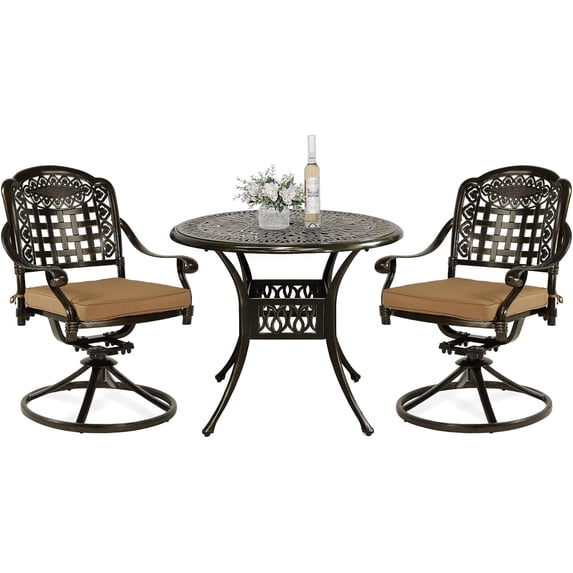 VIVIJASON 3-Piece Patio Bistro Set, Outdoor All-Weather Cast Aluminum Furniture Dining Set, Include 2 Swivel Chairs and 34.5" Round Table w/Umbrella Hole for Balcony, Lawn, Garden, Antique Bronze