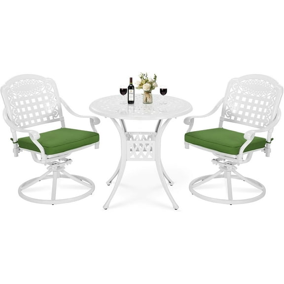VIVIJASON 3-Piece Patio Bistro Set, Outdoor All-Weather Cast Aluminum Furniture Dining Set, Include 2 Swivel Rocker Chairs and 31" Round Table w/Umbrella Hole for Balcony, Lawn, Garden, White