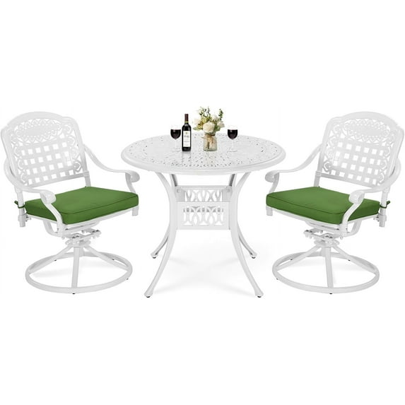 VIVIJASON 3-Piece Patio Bistro Set, Outdoor All-Weather Cast Aluminum Furniture Dining Set, Include 2 Swivel Rocker Chairs and 35.4" Round Table w/Umbrella Hole for Balcony, Lawn, Garden, White