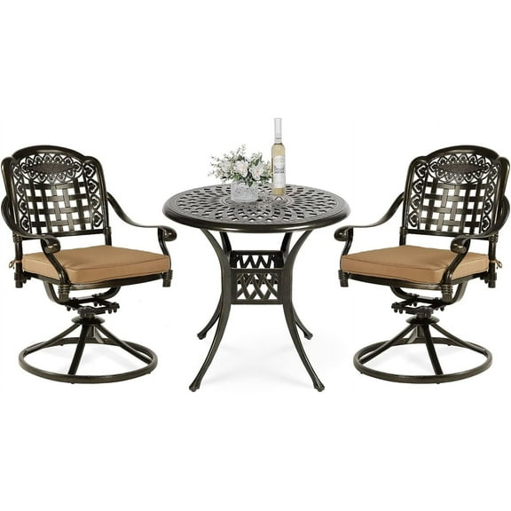 VIVIJASON 3-Piece Patio Bistro Set, Outdoor All-Weather Cast Aluminum Furniture Dining Set, Include 2 Swivel Chairs and 31" Round Table w/Umbrella Hole for Balcony, Lawn, Garden, Antique Bronze