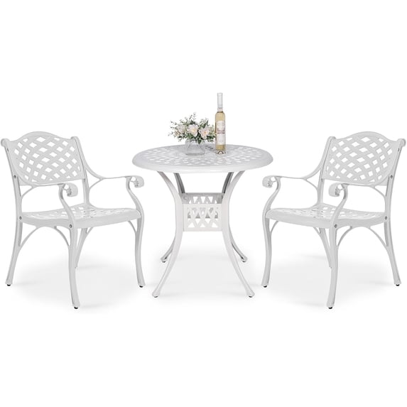 VIVIJASON 3-Piece Patio Furniture Dining Set, All-Weather Cast Aluminum Outdoor Bistro Set, Include 2 Dining Chairs and 31" Round Table w/ 2" Umbrella Hole for Balcony, Lawn, Garden, Backyard, White