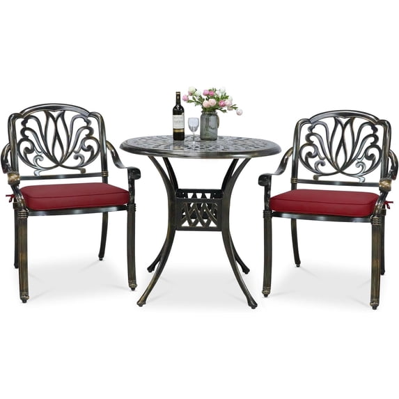 VIVIJASON 3-Piece Patio Furniture Dining Set, All-Weather Cast Aluminum Outdoor Bistro Set, Include 2 Chairs, 2 Cushions and 30.8" Round Table w/Umbrella Hole for Balcony, Lawn, Backyard, Red Cushion