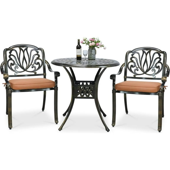 VIVIJASON 3-Piece Patio Furniture Dining Set, All-Weather Cast Aluminum Outdoor Bistro Set, Include 2 Chairs, 2 Cushions and 31" Round Table w/Umbrella Hole for Balcony, Lawn, Garden, Backyard