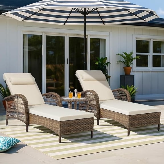 VIVIJASON 3 Piece Outdoor Wicker Chaise Lounge Chair Set , Lounge Chairs Set of 2 with Side Table, 6 Position Adjustable Pool Reclining Sunbathing Chair with Cushion, Armrest & Headrest, Beige
