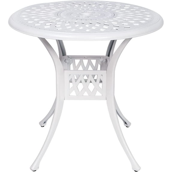 VIVIJASON 31" Patio Bistro Table Outdoor Dining Round Table White Cast Aluminum Table with Umbrella Hole