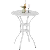 VIVIJASON 31" Patio Height Bar Table, All-Weather Cast Aluminum Bar Bistro Table Outdoor Patio Round Dining Table with Umbrella Hole for Balcony, Lawn, Garden, Backyard, White