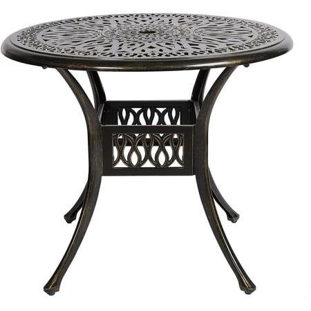 VIVIJASON 35.2" Outdoor Patio Dining Round Table Bronze Cast Aluminum Rustic Large Patio Table with Umbrella Hole