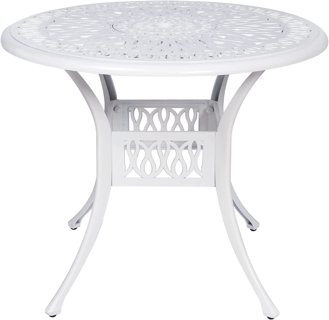 VIVIJASON 35.2" Outdoor Patio Dining Round Table White Cast Aluminum Rustic Large Patio Table with Umbrella Hole