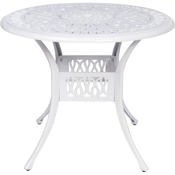 VIVIJASON 35.2" Outdoor Patio Dining Round Table White Cast Aluminum Rustic Large Patio Table with Umbrella Hole