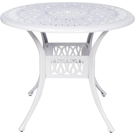 VIVIJASON 35.2" Outdoor Patio Dining Round Table White Cast Aluminum Rustic Large Patio Table with Umbrella Hole