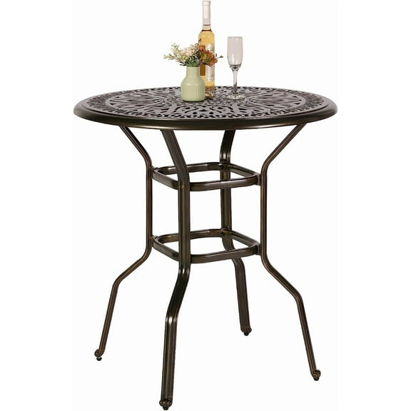 VIVIJASON 35.4" Patio Height Bar Table, All-Weather Cast Aluminum Bar Bistro Table Outdoor Patio Round Dining Table with Umbrella Hole for Balcony, Lawn, Garden, Backyard, Antique Bronze