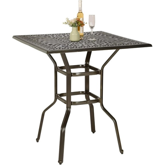 VIVIJASON 35.4" Patio Height Bar Table, All-Weather Cast Aluminum Bar Bistro Table Outdoor Patio Square Dining Table with 2.2" Umbrella Hole for Balcony, Lawn, Garden, Backyard, Antique Bronze