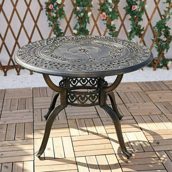 VIVIJASON 38.3" Patio Bistro Table Outdoor Dining Round Table Bronze Cast Aluminum Table with Umbrella Hole
