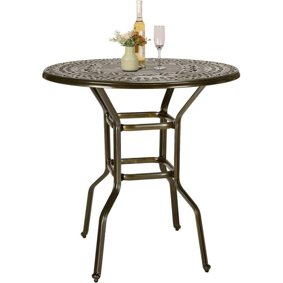 VIVIJASON 38.3" Patio Height Bar Table, All-Weather Cast Aluminum Bar Bistro Table Outdoor Patio Round Dining Table with Umbrella Hole for Balcony, Lawn, Garden, Backyard, Antique Bronze
