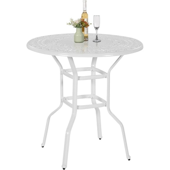 VIVIJASON 38.5" Patio Height Bar Table, All-Weather Cast Aluminum Bar Bistro Table Outdoor Patio Round Dining Table with Umbrella Hole for Balcony, Lawn, Garden, Backyard, White