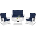 thumbnail image 1 of VIVIJASON 4-Piece Outdoor Patio White Wicker Conversation Sets, All Weather Outdoor Rattan Furniture Set Includes Glider Loveseat, Coffee Table, 2 Rocking Chairs with Cushions for Backyard, Navy Blue, 1 of 7