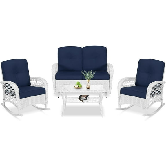 VIVIJASON 4-Piece Outdoor Patio White Wicker Conversation Sets, All Weather Outdoor Rattan Furniture Set Includes Glider Loveseat, Coffee Table, 2 Rocking Chairs with Cushions for Backyard, Navy Blue
